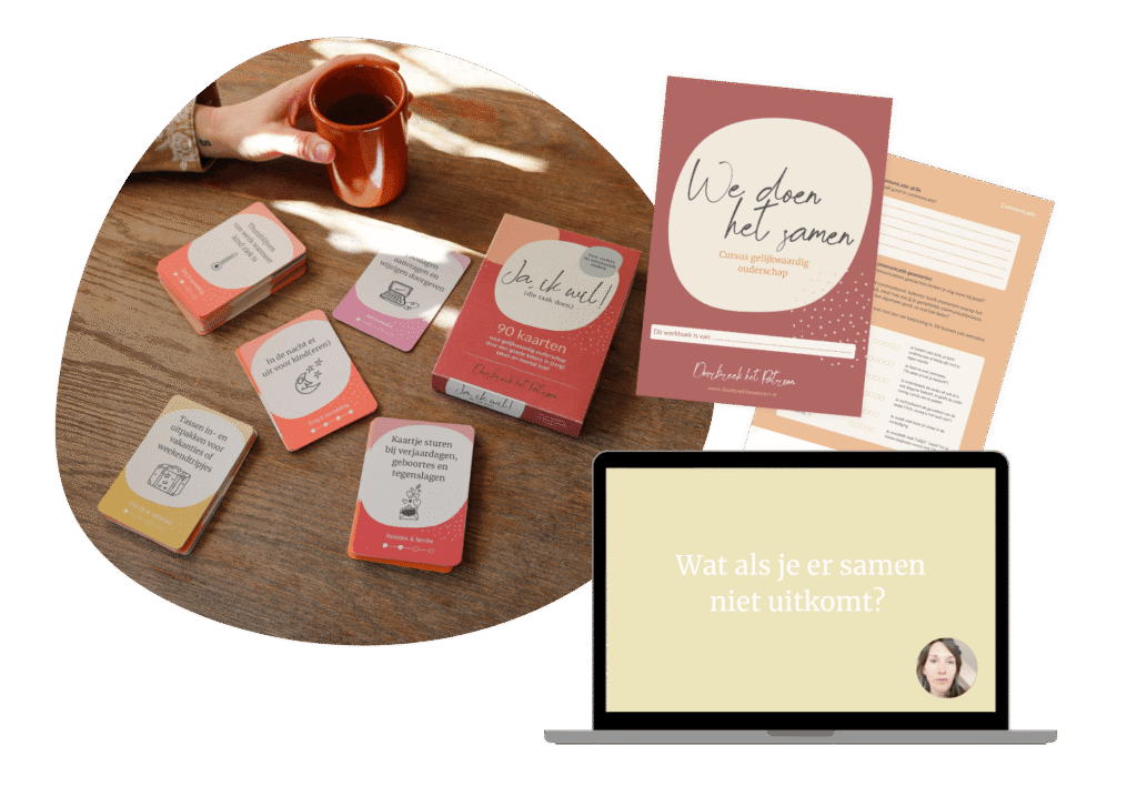 Visual met beeld van het 'ja ik wil' kaartendeck, 2 pagina's uit het e-book en een screenshot uit de online leeromgeving voor de cursus